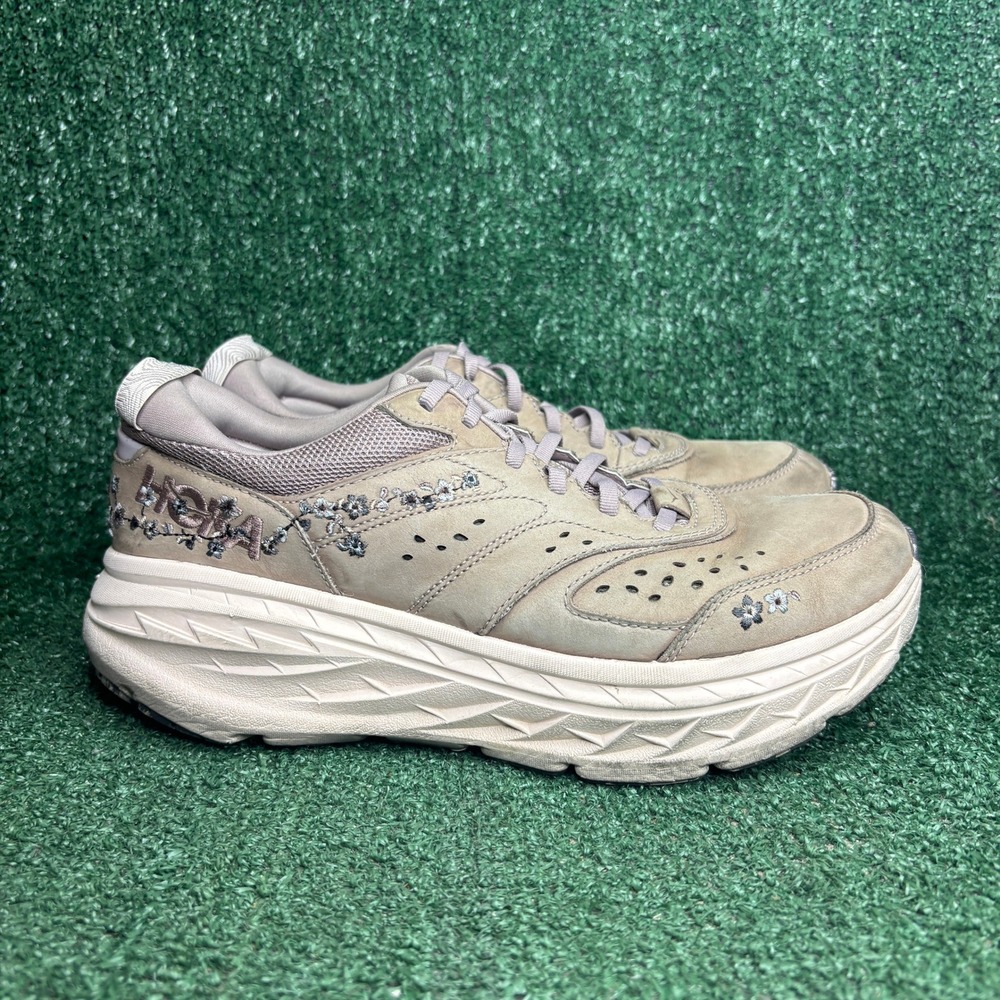 Hoka Vibrant Bloom Bondi L BP Suede‎ Walking Sneakers Tan Mens 10.5 Womens 11.5